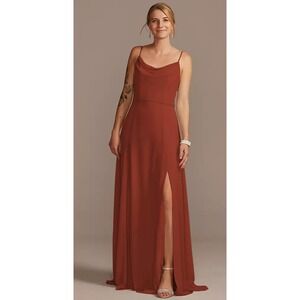 David's Bridal Celebrate DB St‎ Cinnamon Cowl Neck Chiffon Dress w Slit Sz 14